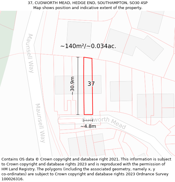 37, CUDWORTH MEAD, HEDGE END, SOUTHAMPTON, SO30 4SP: Plot and title map