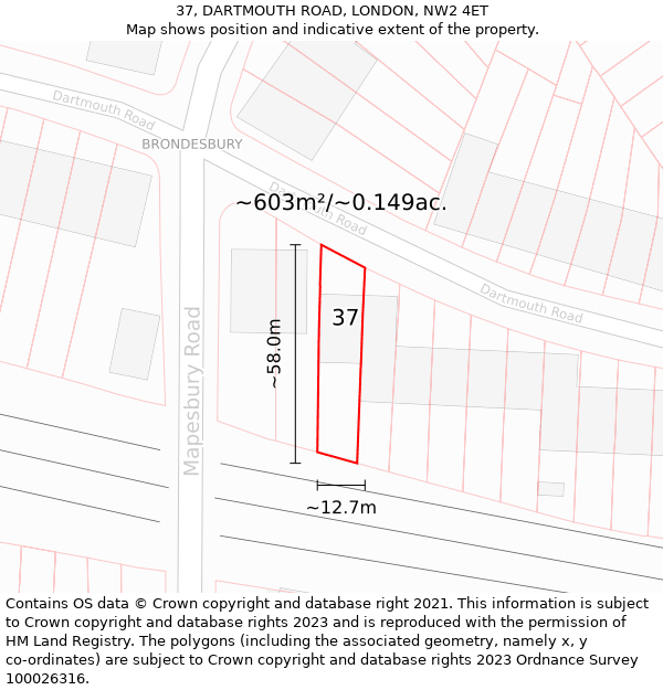 37, DARTMOUTH ROAD, LONDON, NW2 4ET: Plot and title map