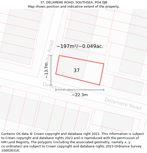 37, DELAMERE ROAD, SOUTHSEA, PO4 0JB: Plot and title map