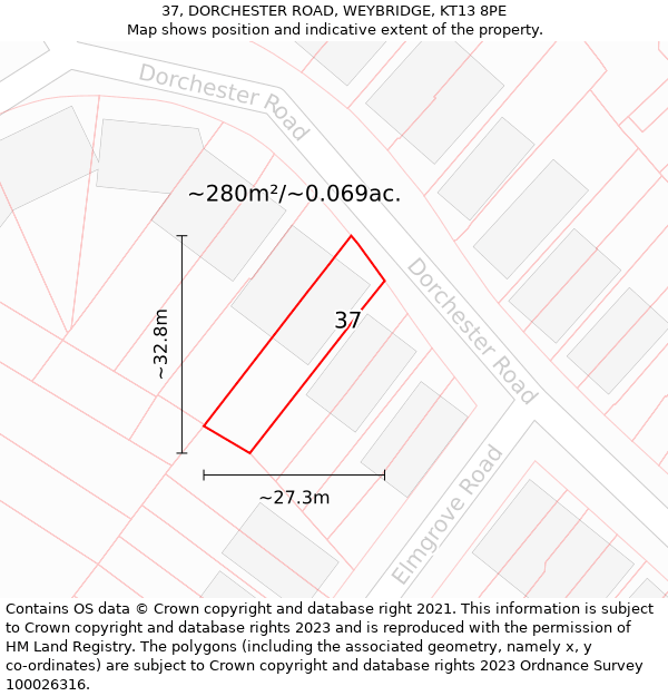 37, DORCHESTER ROAD, WEYBRIDGE, KT13 8PE: Plot and title map