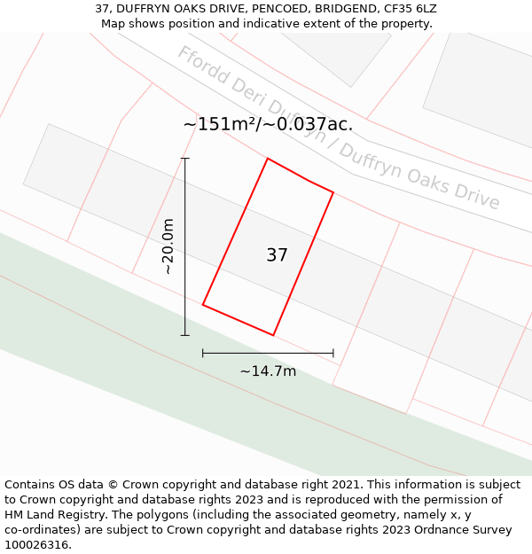 37, DUFFRYN OAKS DRIVE, PENCOED, BRIDGEND, CF35 6LZ: Plot and title map