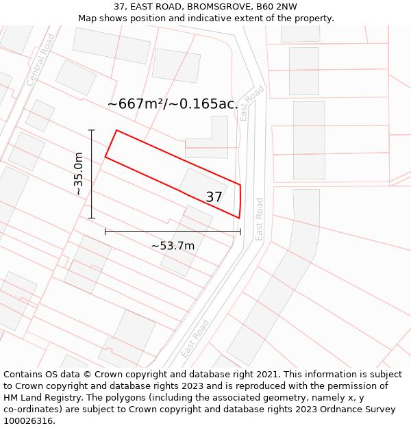 37, EAST ROAD, BROMSGROVE, B60 2NW: Plot and title map