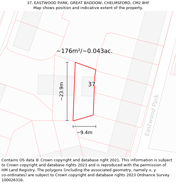 37, EASTWOOD PARK, GREAT BADDOW, CHELMSFORD, CM2 8HF: Plot and title map