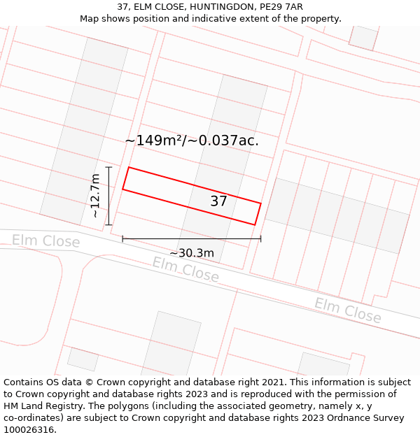 37, ELM CLOSE, HUNTINGDON, PE29 7AR: Plot and title map