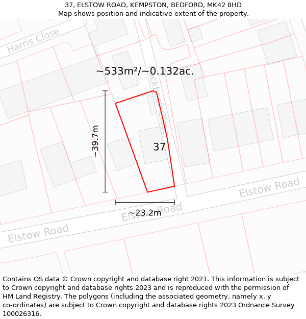 37, ELSTOW ROAD, KEMPSTON, BEDFORD, MK42 8HD: Plot and title map