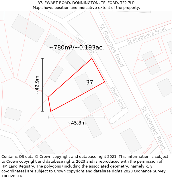 37, EWART ROAD, DONNINGTON, TELFORD, TF2 7LP: Plot and title map