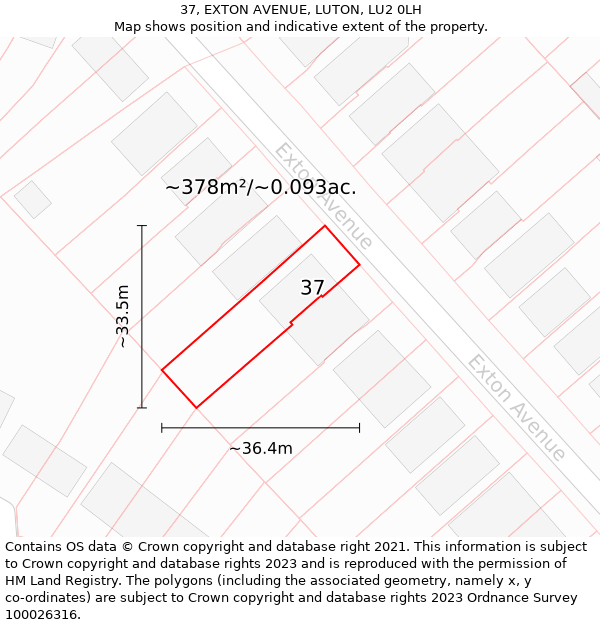 37, EXTON AVENUE, LUTON, LU2 0LH: Plot and title map