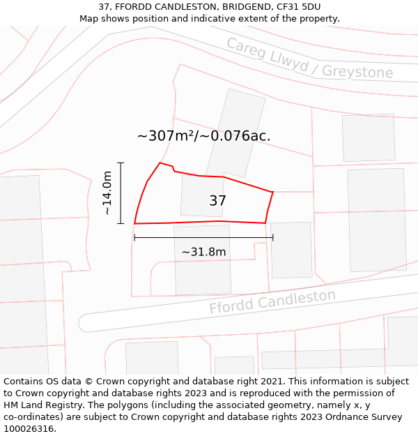 37, FFORDD CANDLESTON, BRIDGEND, CF31 5DU: Plot and title map