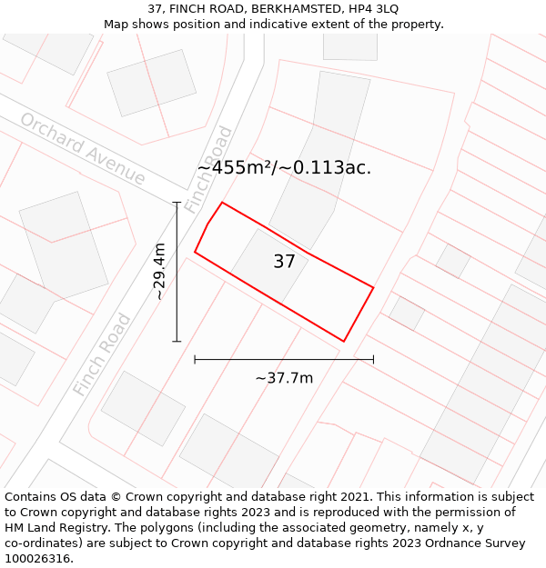 37, FINCH ROAD, BERKHAMSTED, HP4 3LQ: Plot and title map