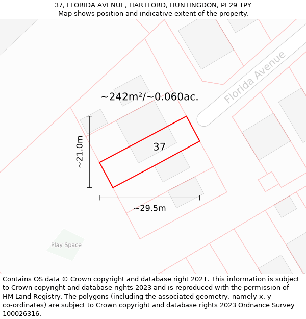 37, FLORIDA AVENUE, HARTFORD, HUNTINGDON, PE29 1PY: Plot and title map