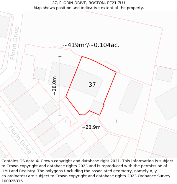 37, FLORIN DRIVE, BOSTON, PE21 7LU: Plot and title map