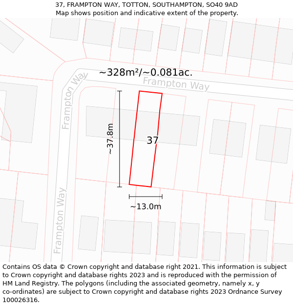 37, FRAMPTON WAY, TOTTON, SOUTHAMPTON, SO40 9AD: Plot and title map