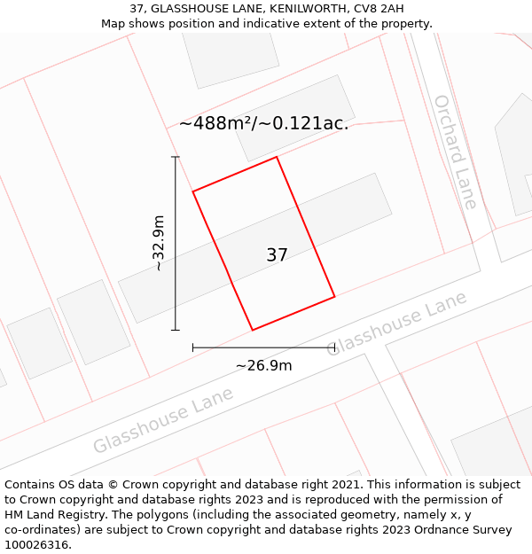 37, GLASSHOUSE LANE, KENILWORTH, CV8 2AH: Plot and title map