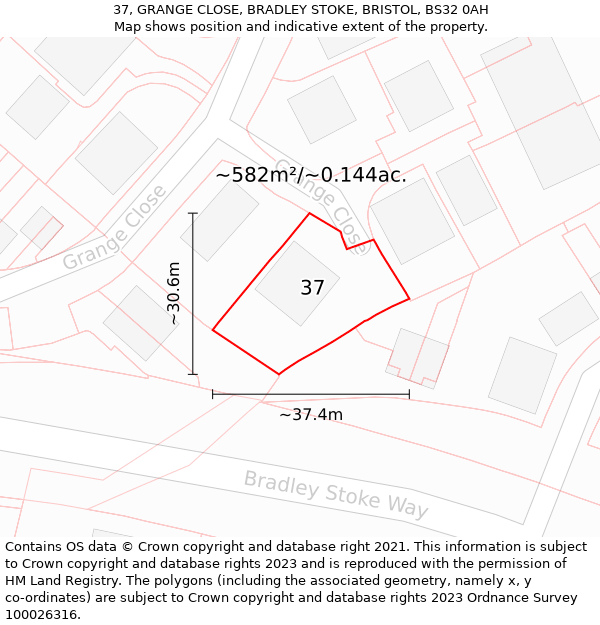 37, GRANGE CLOSE, BRADLEY STOKE, BRISTOL, BS32 0AH: Plot and title map