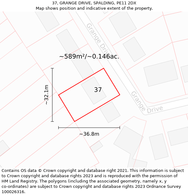 37, GRANGE DRIVE, SPALDING, PE11 2DX: Plot and title map