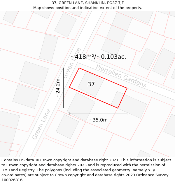 37, GREEN LANE, SHANKLIN, PO37 7JF: Plot and title map