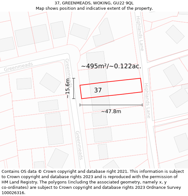 37, GREENMEADS, WOKING, GU22 9QL: Plot and title map