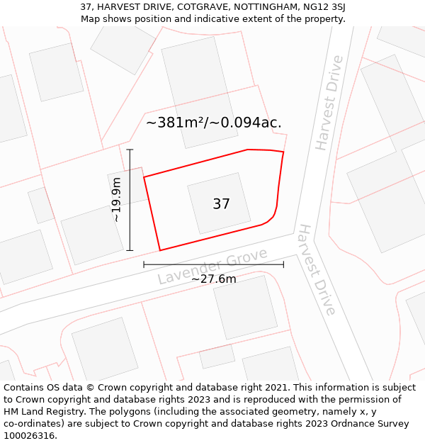 37, HARVEST DRIVE, COTGRAVE, NOTTINGHAM, NG12 3SJ: Plot and title map