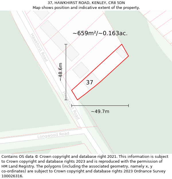 37, HAWKHIRST ROAD, KENLEY, CR8 5DN: Plot and title map