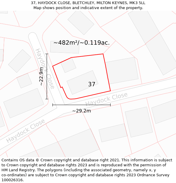 37, HAYDOCK CLOSE, BLETCHLEY, MILTON KEYNES, MK3 5LL: Plot and title map