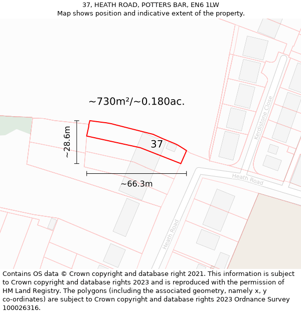 37, HEATH ROAD, POTTERS BAR, EN6 1LW: Plot and title map