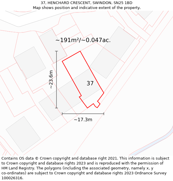 37, HENCHARD CRESCENT, SWINDON, SN25 1BD: Plot and title map