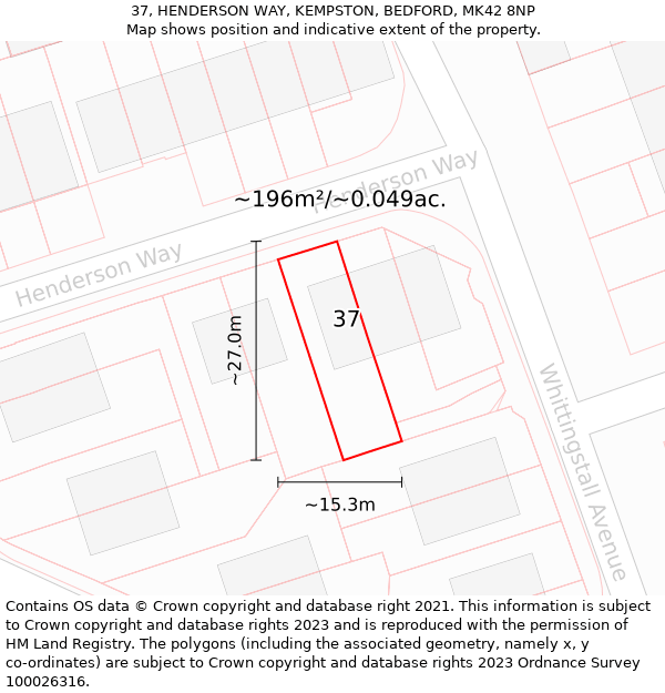 37, HENDERSON WAY, KEMPSTON, BEDFORD, MK42 8NP: Plot and title map