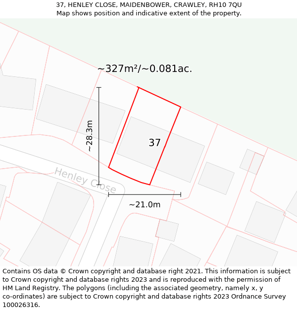 37, HENLEY CLOSE, MAIDENBOWER, CRAWLEY, RH10 7QU: Plot and title map