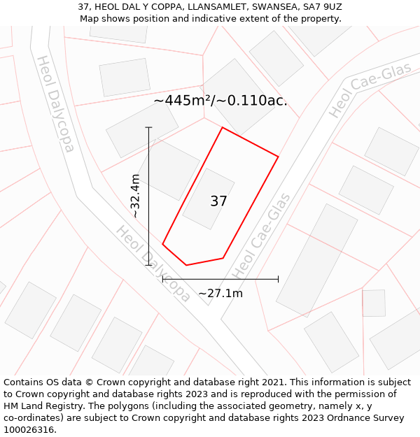 37, HEOL DAL Y COPPA, LLANSAMLET, SWANSEA, SA7 9UZ: Plot and title map