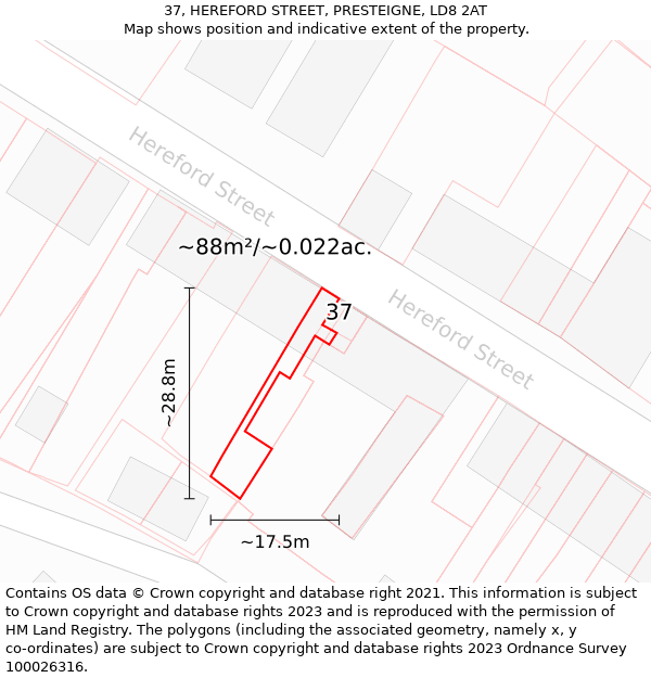 37, HEREFORD STREET, PRESTEIGNE, LD8 2AT: Plot and title map