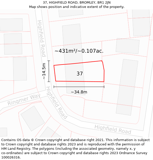 37, HIGHFIELD ROAD, BROMLEY, BR1 2JN: Plot and title map