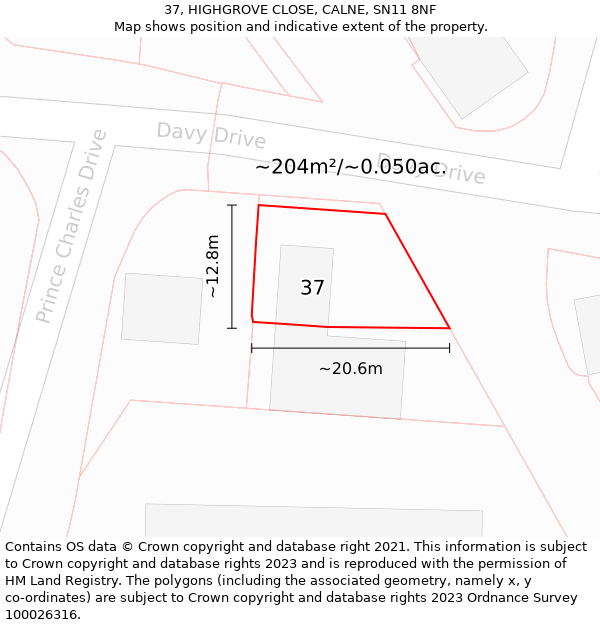 37, HIGHGROVE CLOSE, CALNE, SN11 8NF: Plot and title map
