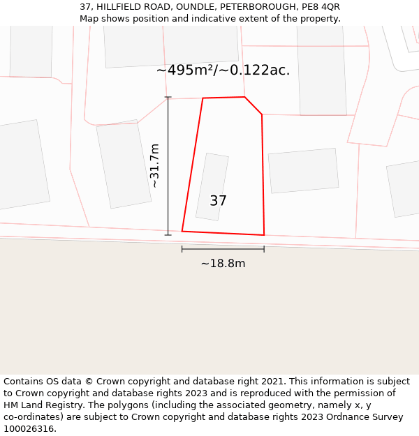 37, HILLFIELD ROAD, OUNDLE, PETERBOROUGH, PE8 4QR: Plot and title map