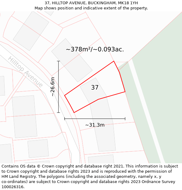 37, HILLTOP AVENUE, BUCKINGHAM, MK18 1YH: Plot and title map