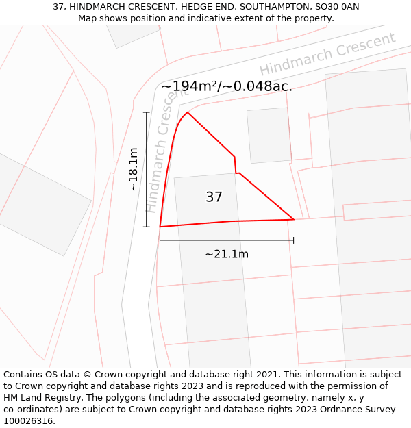 37, HINDMARCH CRESCENT, HEDGE END, SOUTHAMPTON, SO30 0AN: Plot and title map