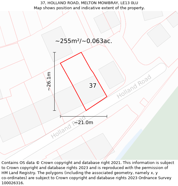 37, HOLLAND ROAD, MELTON MOWBRAY, LE13 0LU: Plot and title map