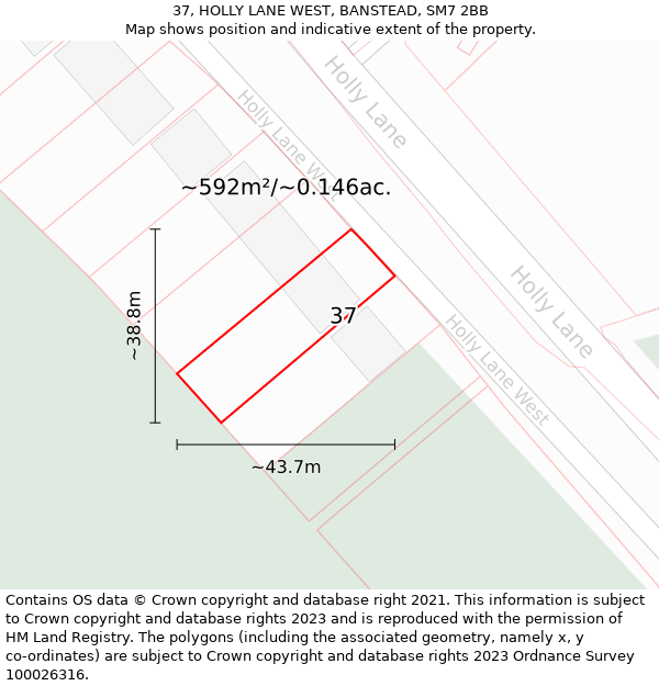 37, HOLLY LANE WEST, BANSTEAD, SM7 2BB: Plot and title map