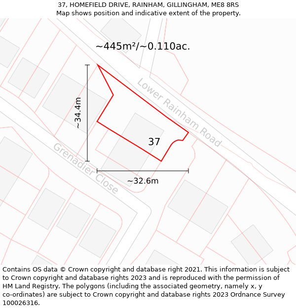 37, HOMEFIELD DRIVE, RAINHAM, GILLINGHAM, ME8 8RS: Plot and title map