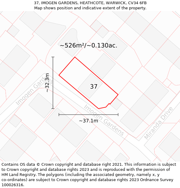 37, IMOGEN GARDENS, HEATHCOTE, WARWICK, CV34 6FB: Plot and title map