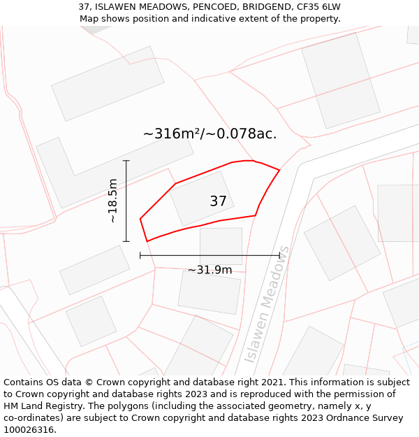 37, ISLAWEN MEADOWS, PENCOED, BRIDGEND, CF35 6LW: Plot and title map