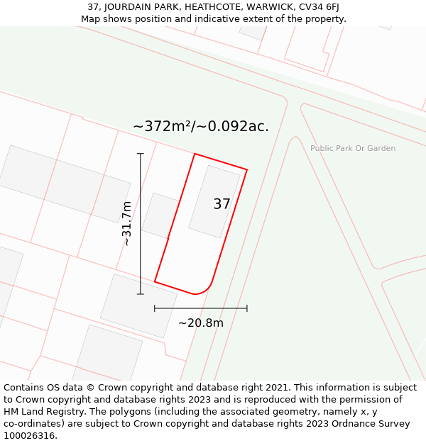 37, JOURDAIN PARK, HEATHCOTE, WARWICK, CV34 6FJ: Plot and title map