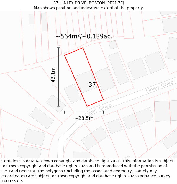 37, LINLEY DRIVE, BOSTON, PE21 7EJ: Plot and title map