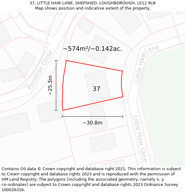 37, LITTLE HAW LANE, SHEPSHED, LOUGHBOROUGH, LE12 9LN: Plot and title map