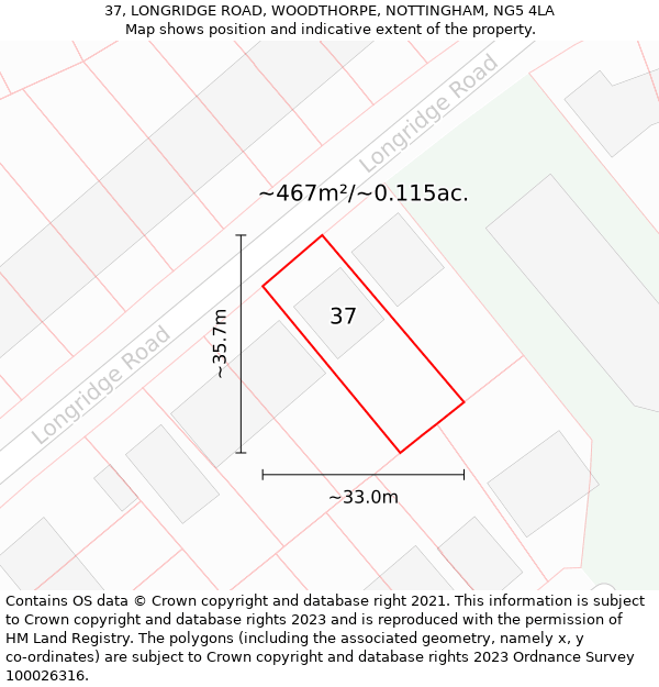 37, LONGRIDGE ROAD, WOODTHORPE, NOTTINGHAM, NG5 4LA: Plot and title map