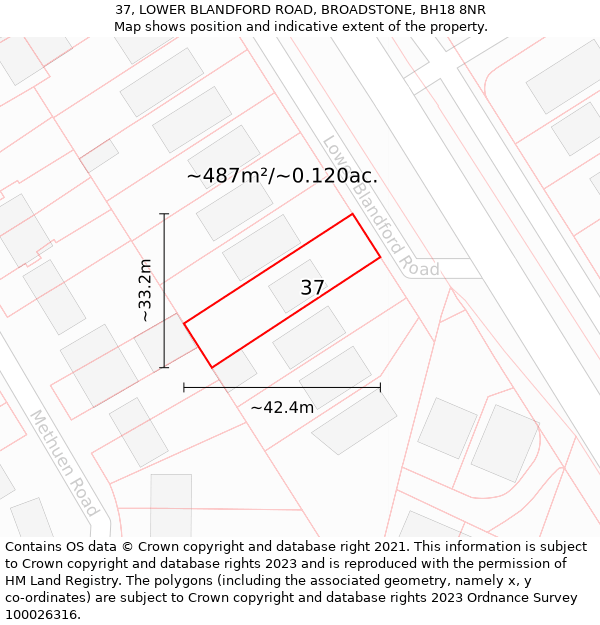 37, LOWER BLANDFORD ROAD, BROADSTONE, BH18 8NR: Plot and title map
