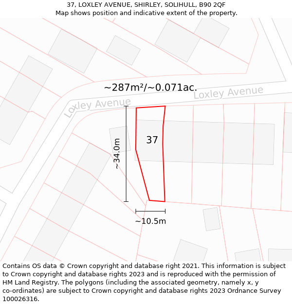 37, LOXLEY AVENUE, SHIRLEY, SOLIHULL, B90 2QF: Plot and title map