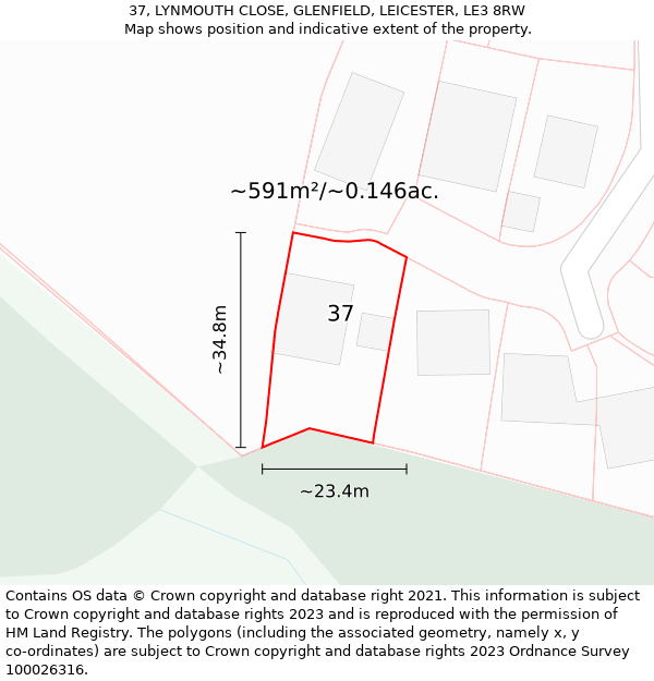 37, LYNMOUTH CLOSE, GLENFIELD, LEICESTER, LE3 8RW: Plot and title map