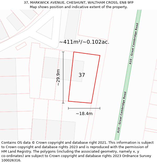 37, MARKWICK AVENUE, CHESHUNT, WALTHAM CROSS, EN8 9FP: Plot and title map