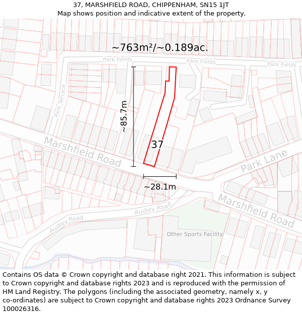 37, MARSHFIELD ROAD, CHIPPENHAM, SN15 1JT: Plot and title map