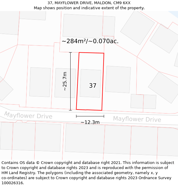 37, MAYFLOWER DRIVE, MALDON, CM9 6XX: Plot and title map